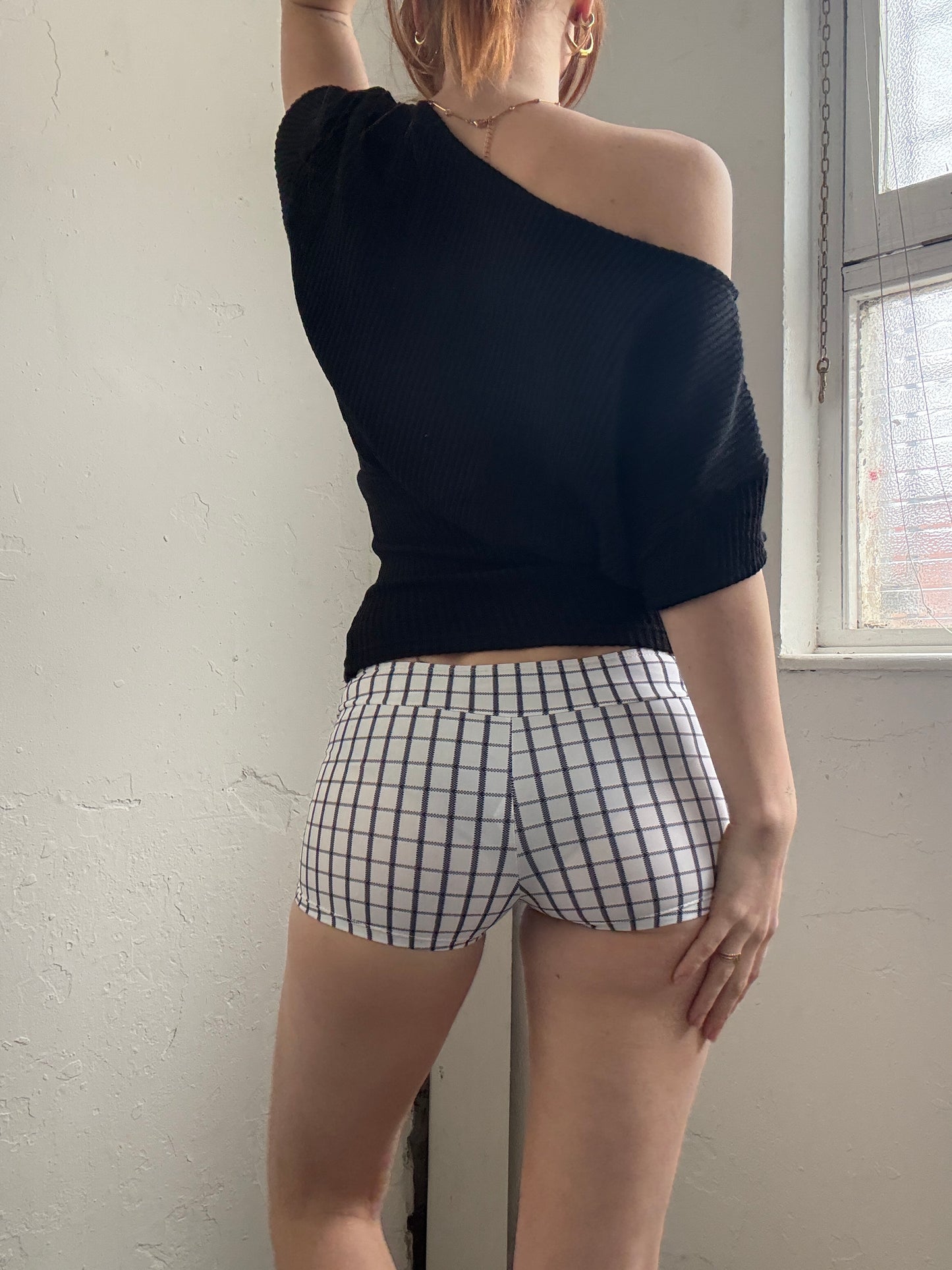 White Black Checkered Mini Swim Shorts - Size Extra-Small/Small