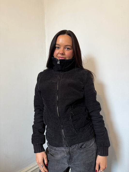 Black Ribbed Fitted Zip Up Jacket - Size Small