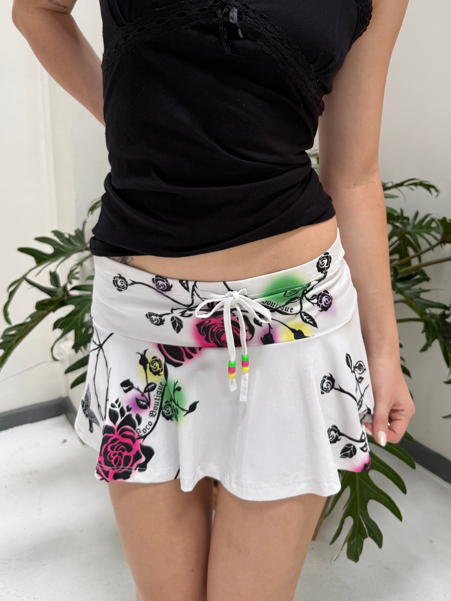 White Pink Green Yellow Floral Mini Swim Skirt - Size Small