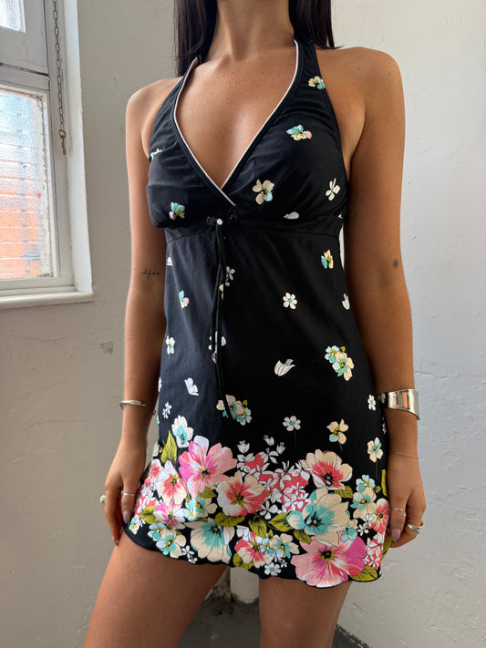 Black White Floral Halter Neck Dress - Size Small
