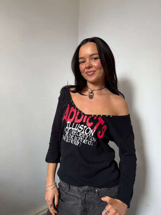 Black Red Off Shoulder Top - Size Medium