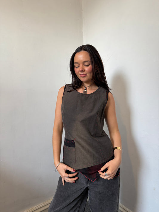 Asymmetrical Dark Khaki Washed Red Stitching Top - Size Medium
