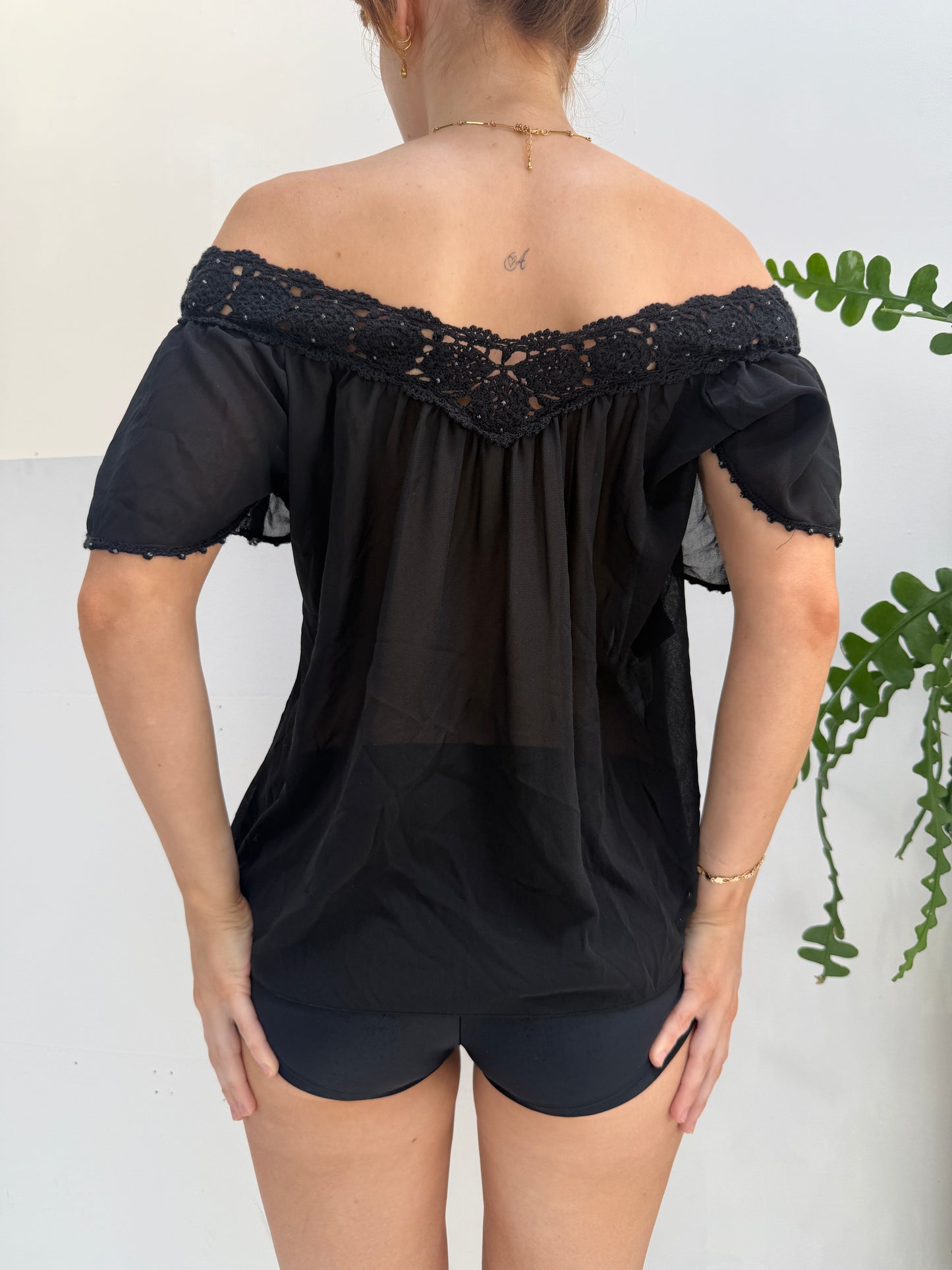 Black Off Shoulder Sheer Lace Top - Size 10