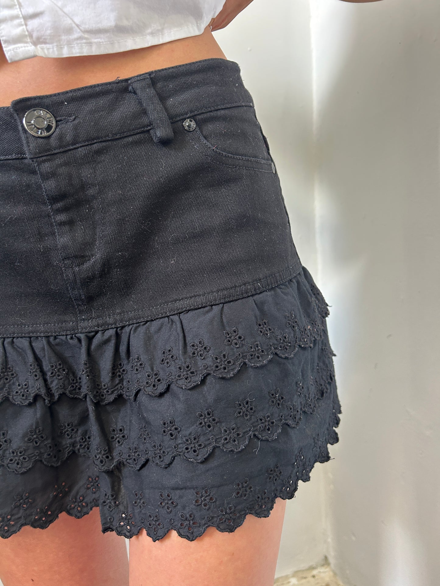 Black Denim Lace Rara Skirt - Size Small