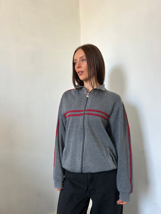 Grey With Red Stripes Zip Up Jumper - Size Large