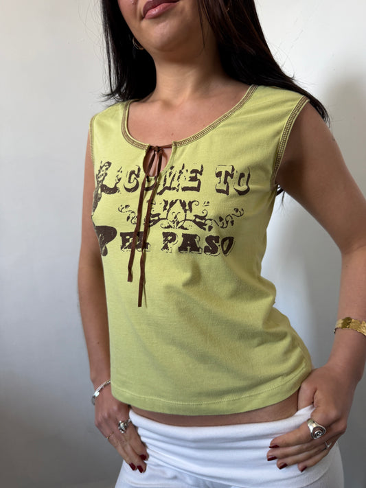 Yellow Green Brown Tie Graphic Top - Size Medium