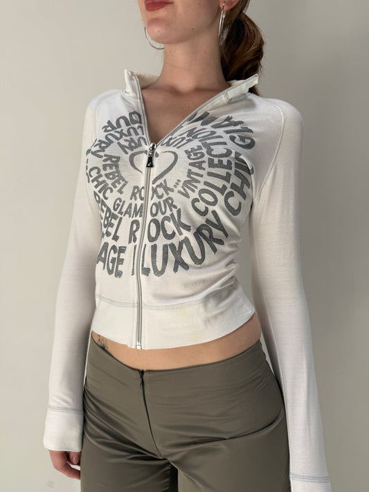 White Silver Zip Up Graphic Thin Jumper - Size Small