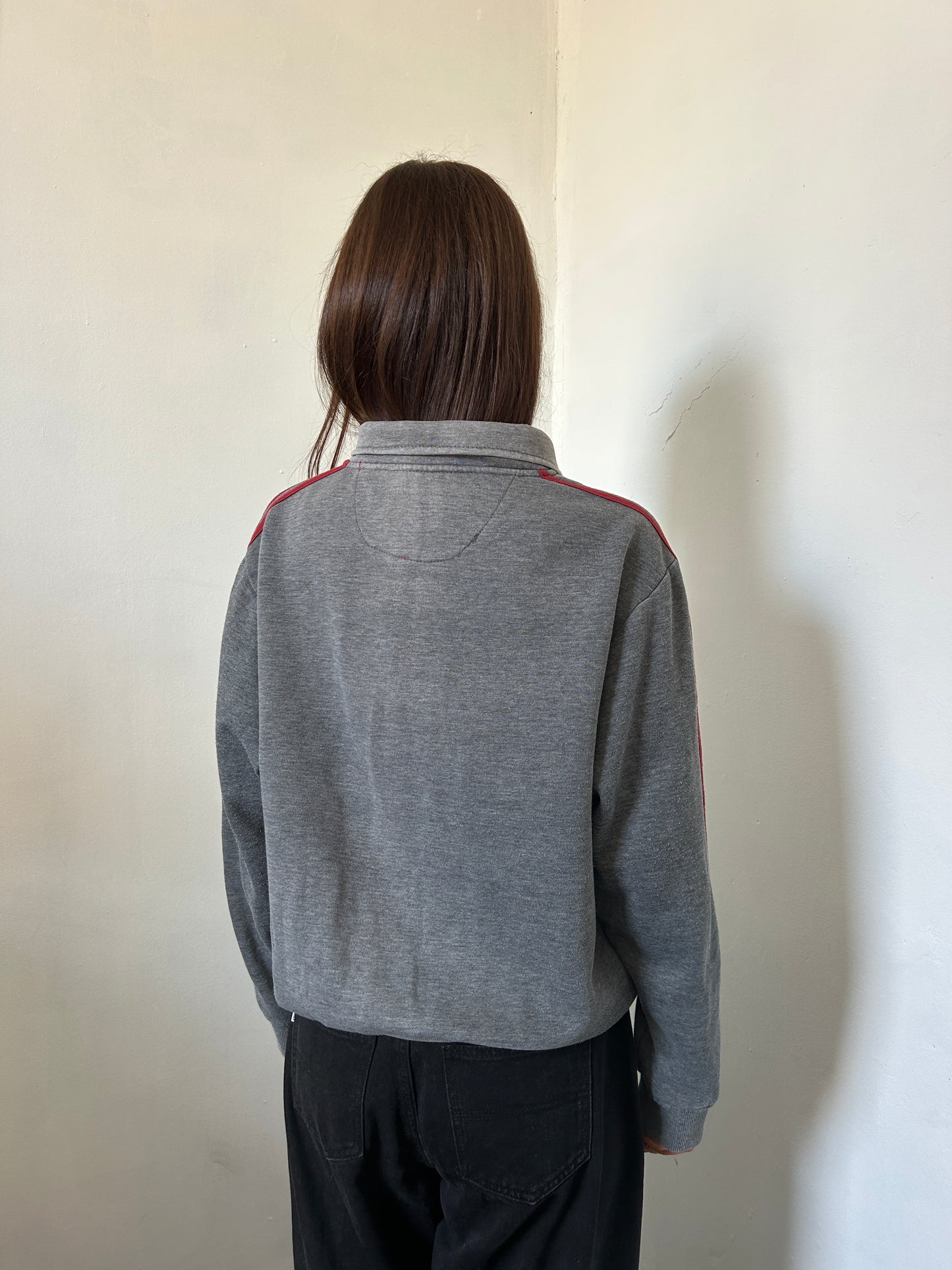 Grey With Red Stripes Zip Up Jumper - Size Large