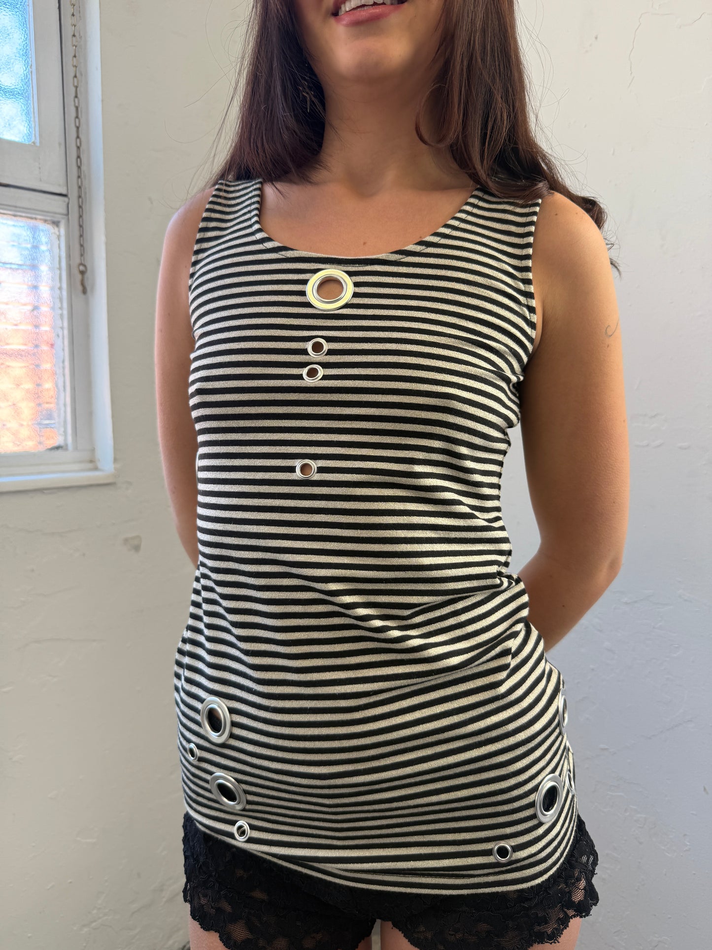 Gold Black Striper Grommet Top - Size Medium