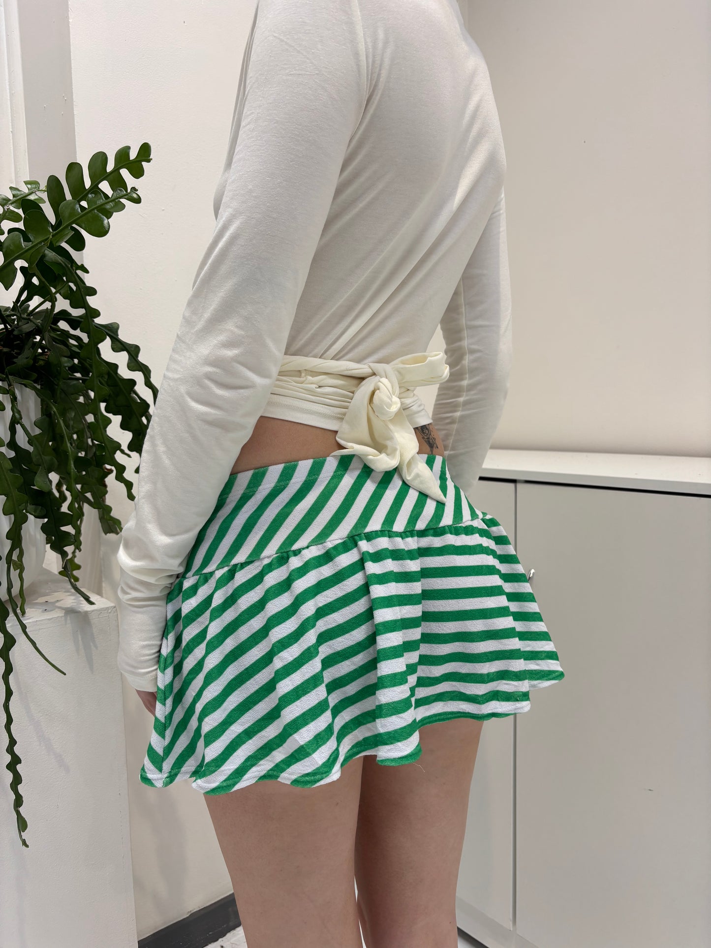 Green White Striped Mini Skirt - Size Small