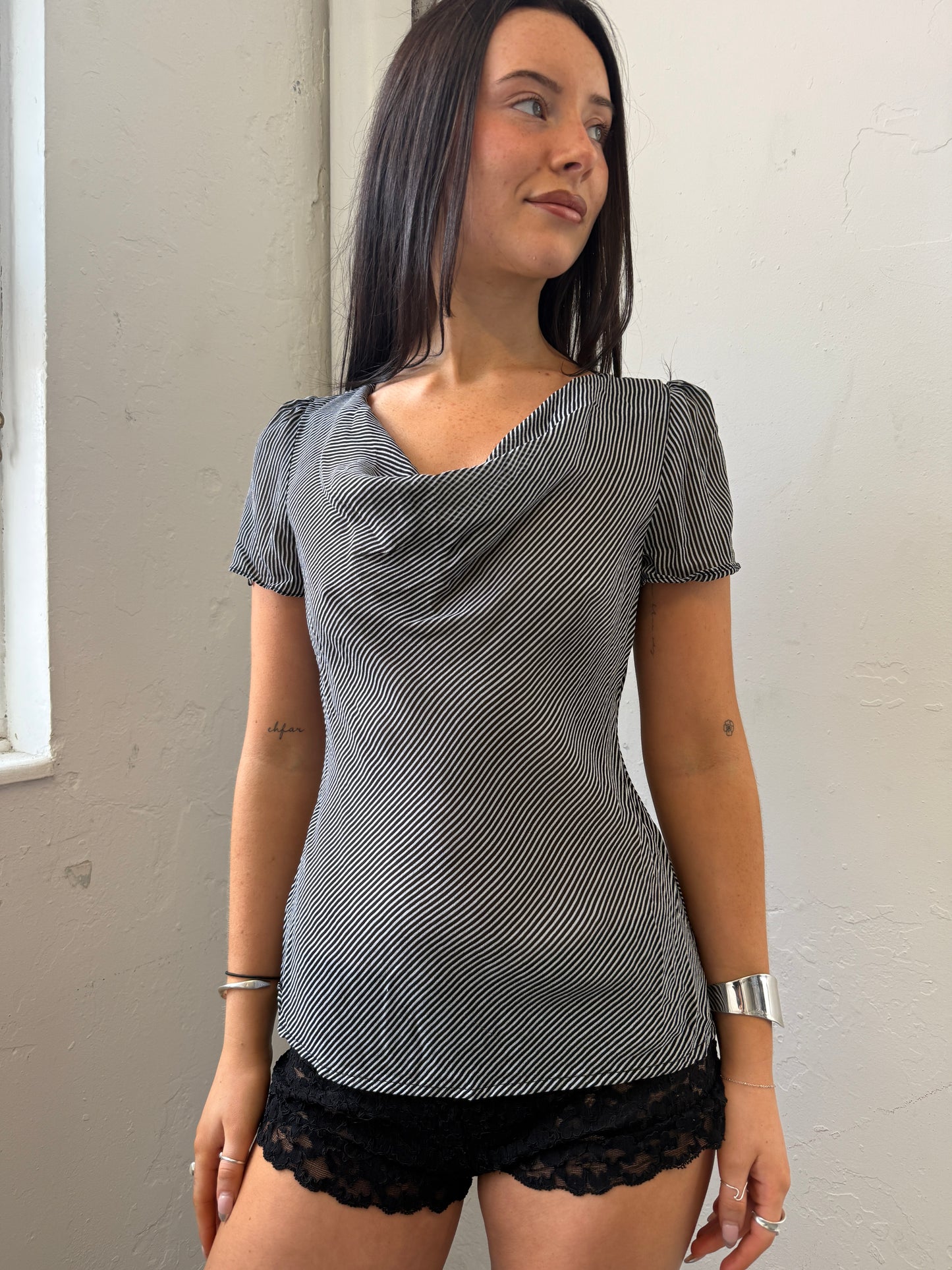 Black Grey Striped Cowl Neck Top - Size 10