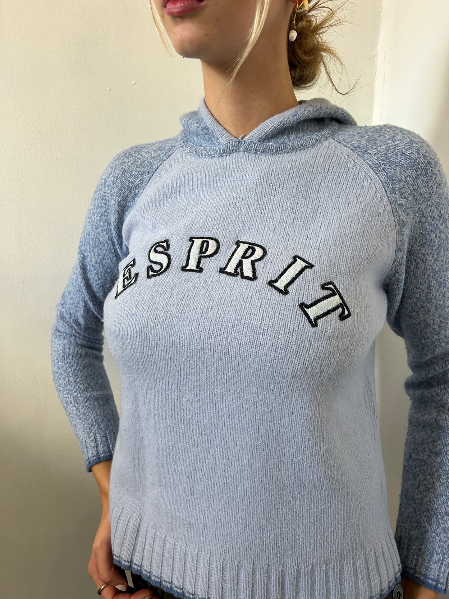 Blue w White Black Writing Knitted Hoodie - Size Small