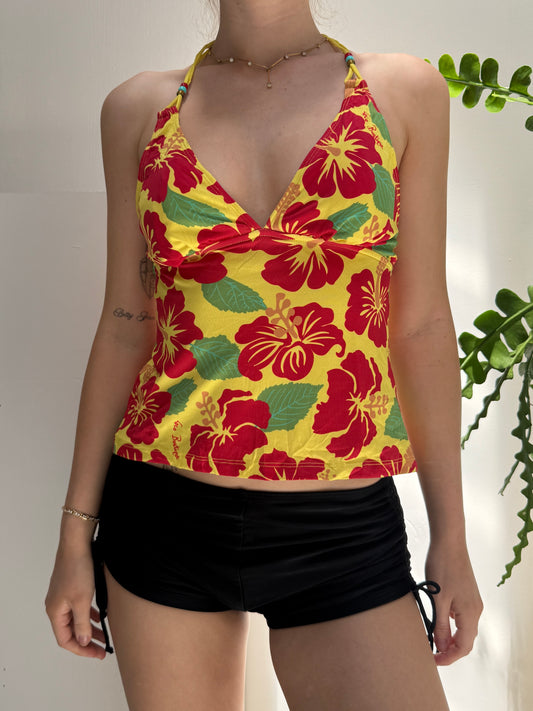 Hibiscus Yellow Red Green Halter Tankini - Size Extra/Small - Small