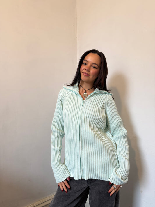 Teal Aquamarine Ribbed Knitted Zip Up Jumper - Size Extra-Large