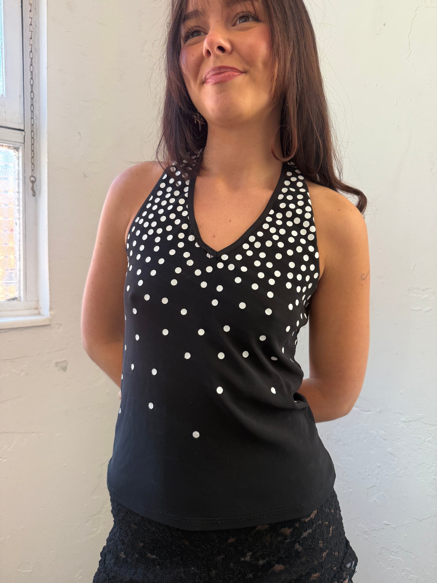 Black White Polka Dot Halter Neck Top - Size Small
