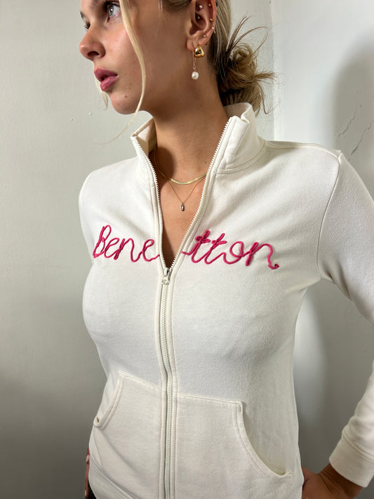 White Pink Benetton Zip Up Cardigan - Size Small