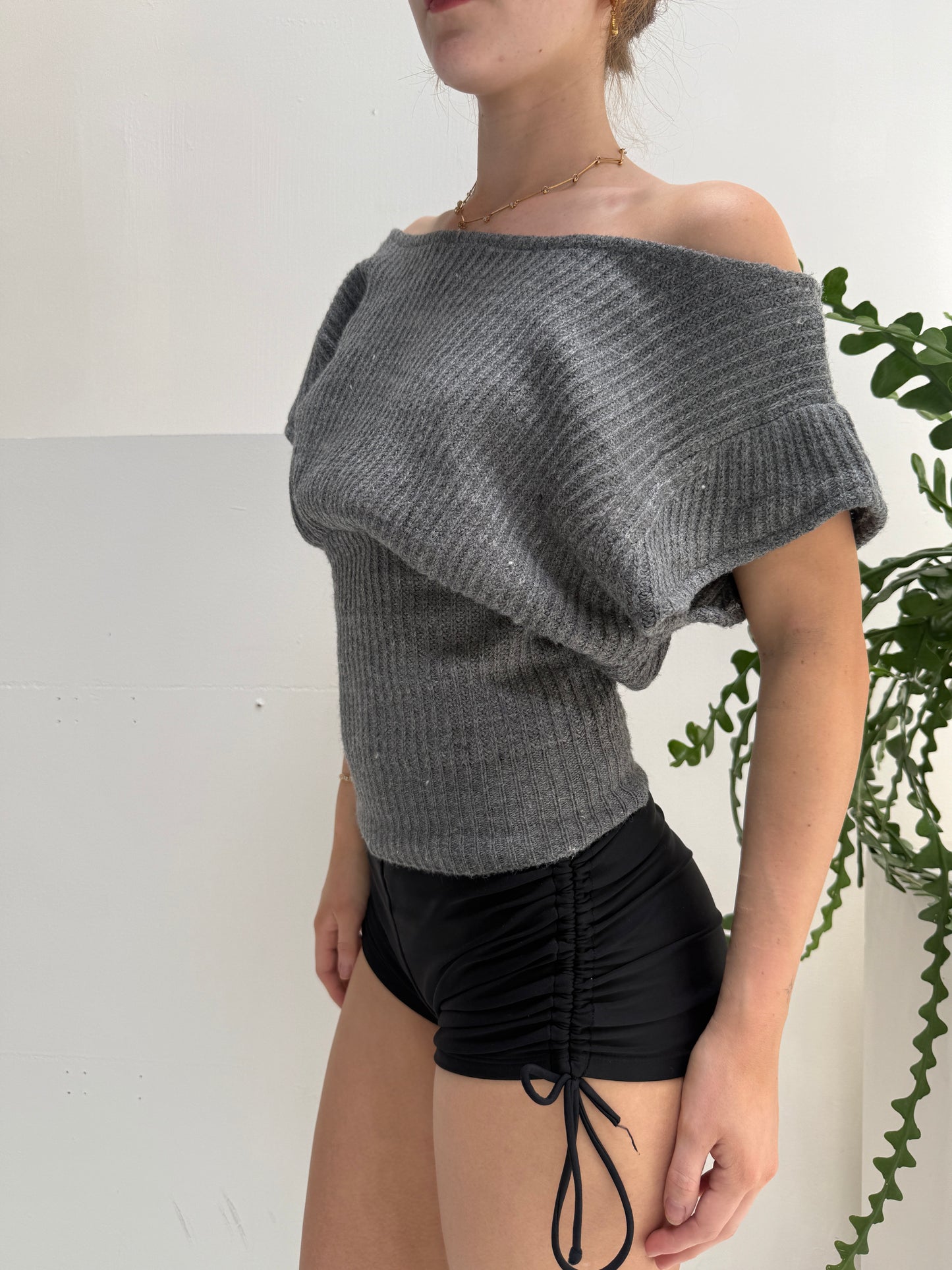 Grey Slouchy Off Shoulder Top - Size Small