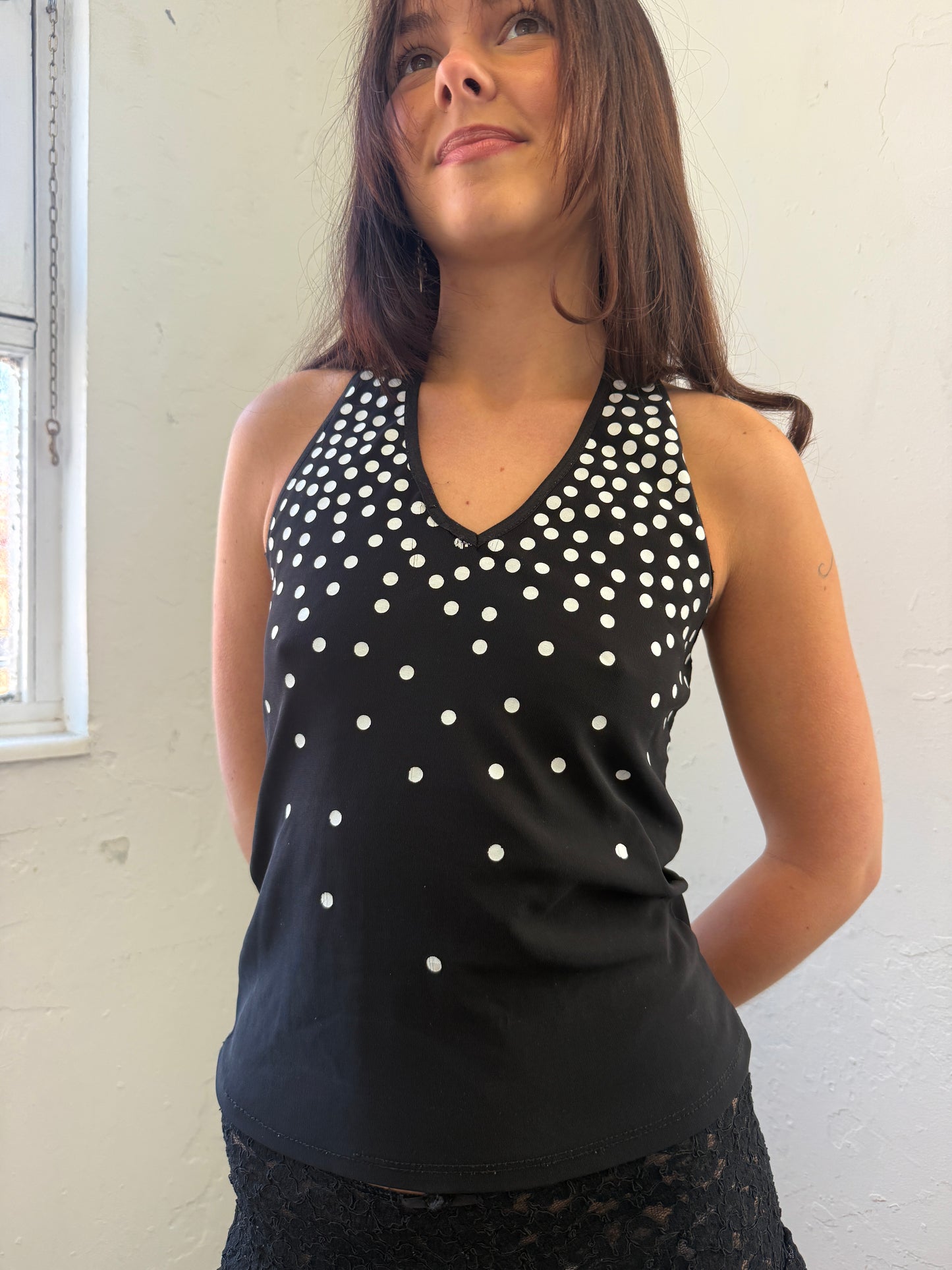 Black White Polka Dot Halter Neck Top - Size Small