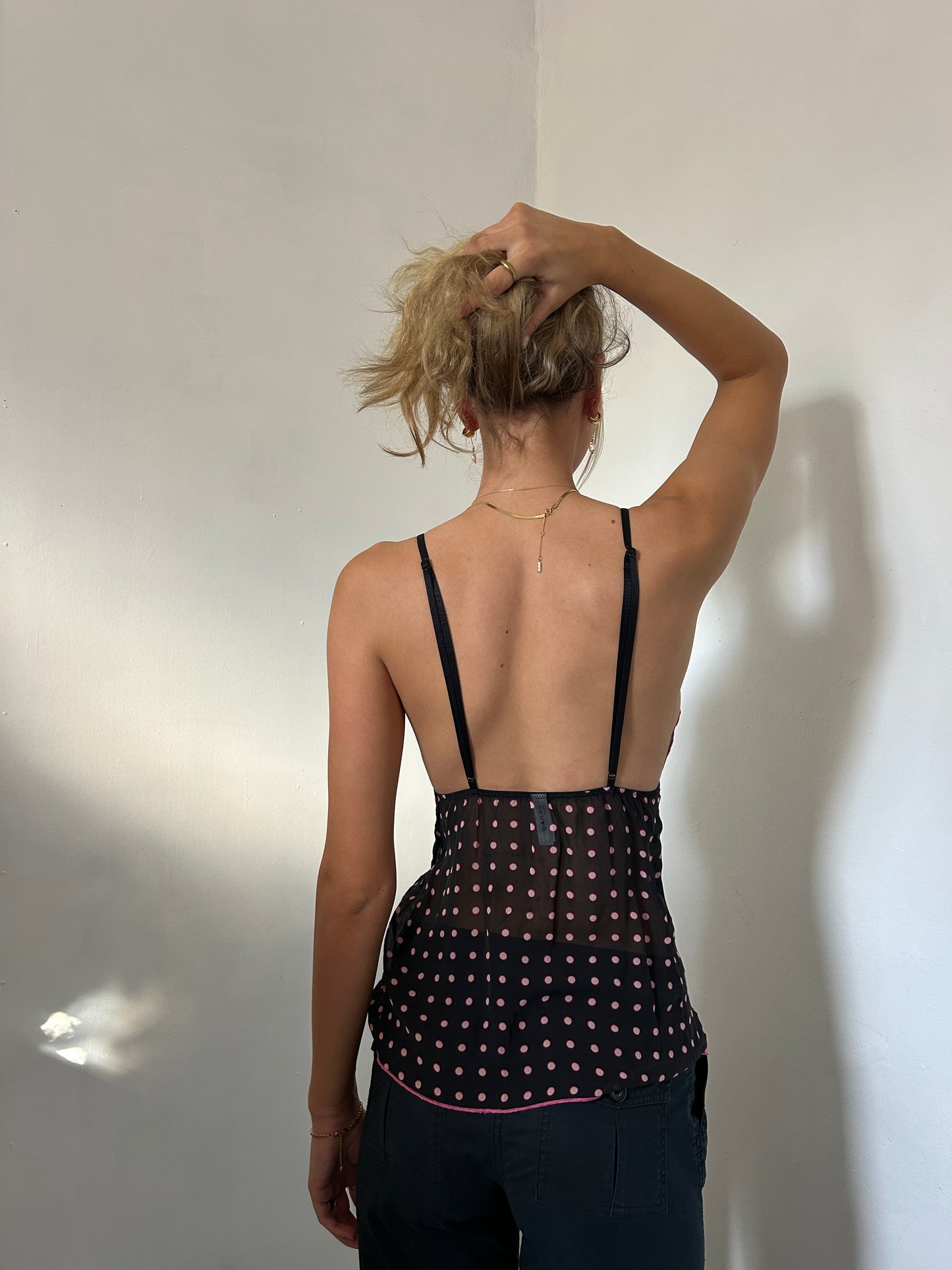 Black Pink Polka Dot Cami Top - Size Small