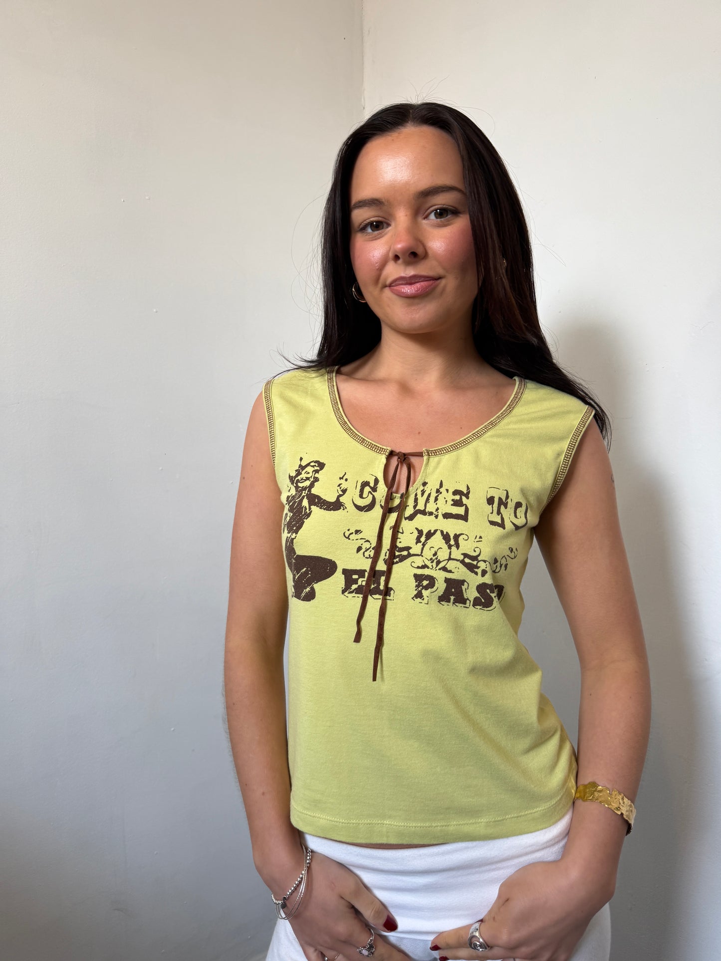 Yellow Green Brown Tie Graphic Top - Size Medium