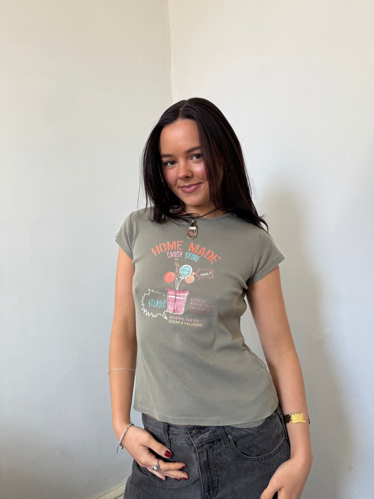 Khaki Green Graphic Baby Tee - Size Extra Small