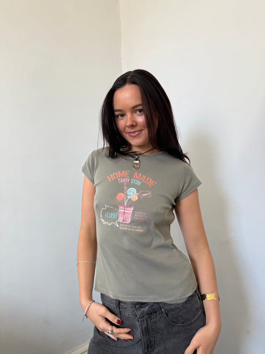Khaki Green Graphic Baby Tee - Size Extra Small