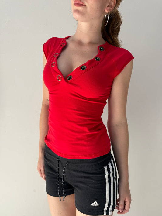 Red V Neck Studded Top - Size Small