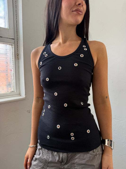 Black Ribbed Grommet Top - Size Small