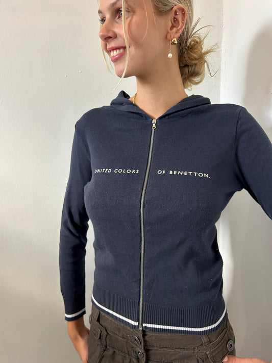 Navy Blue White Zip Up Hoodie - Size Small