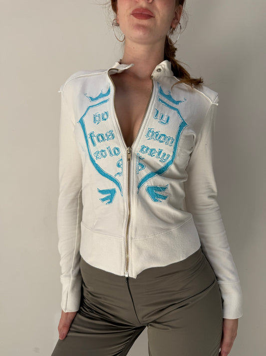 White Blue Graphic Zip Up Jumper - Size Medium