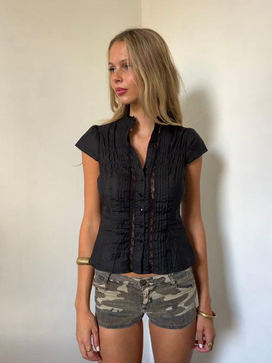 Black ELLE Lace Button Up Shirt - Size Small