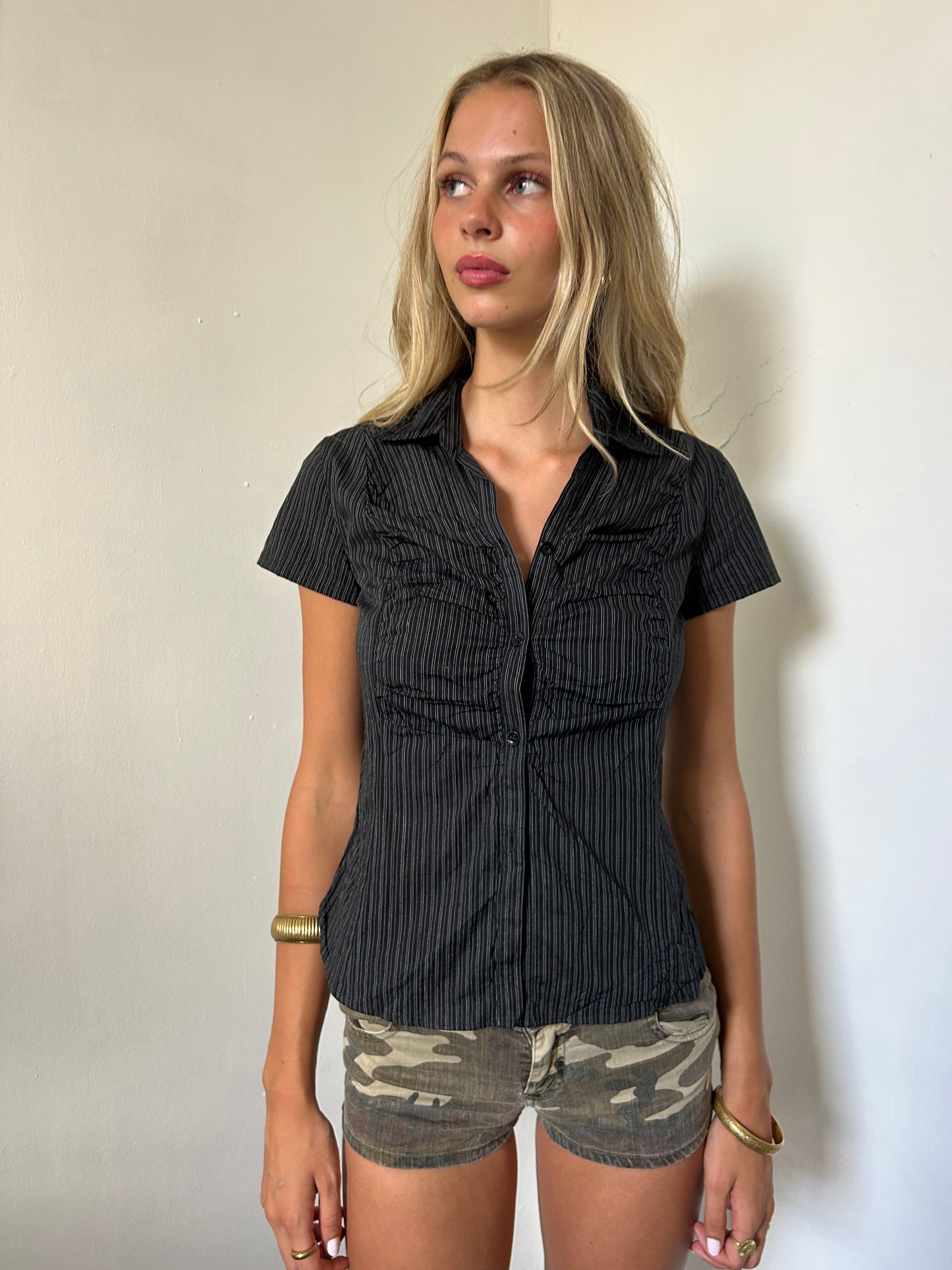 Black Pinstriped Button Up Shirt - Size Medium