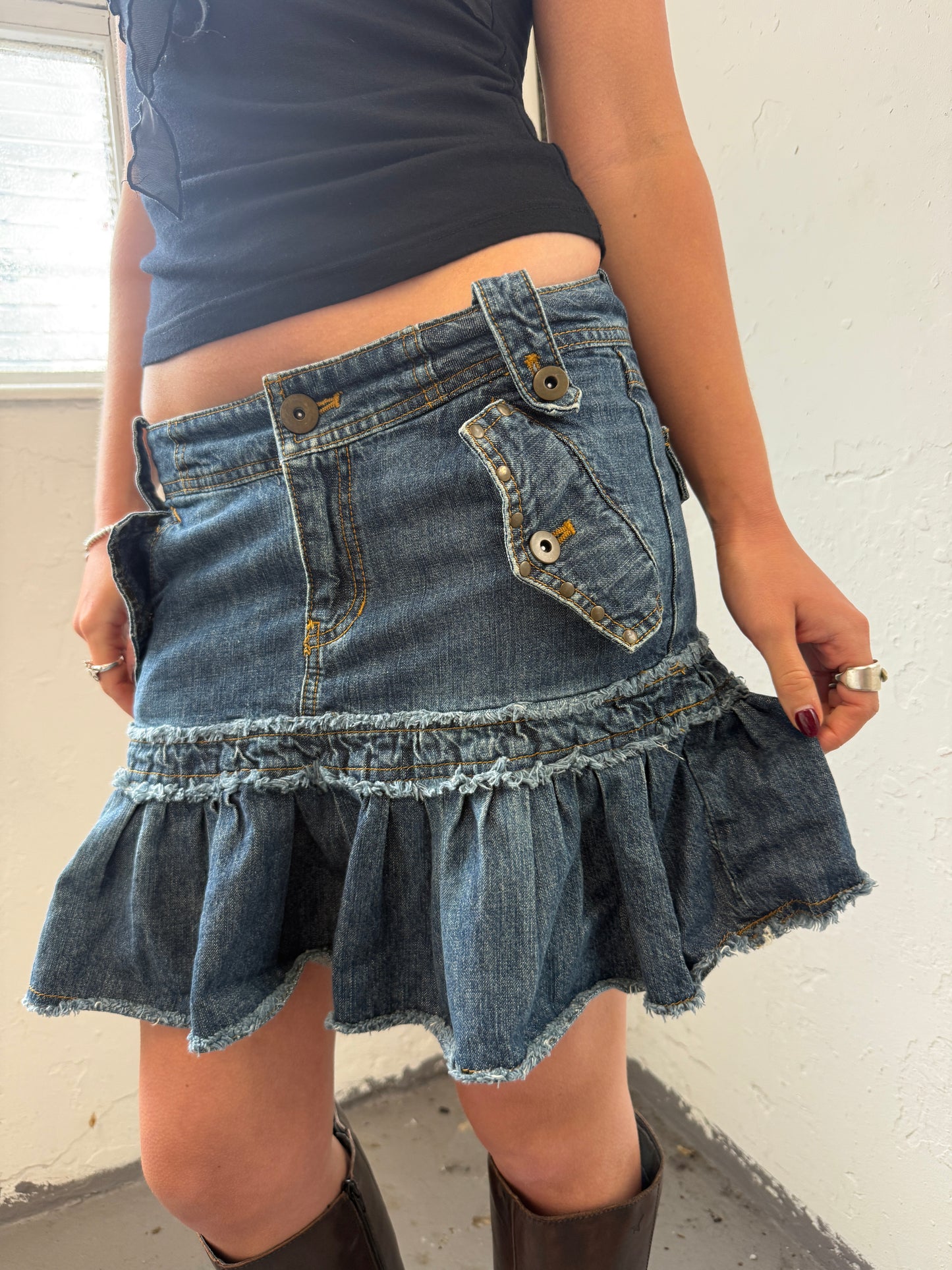 Denim Reworked Mini Skirt - Size Small