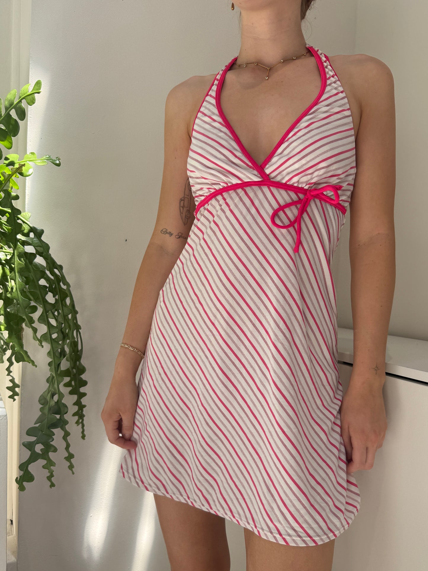 Pink White Halter Neck Swim Dress - Size Small
