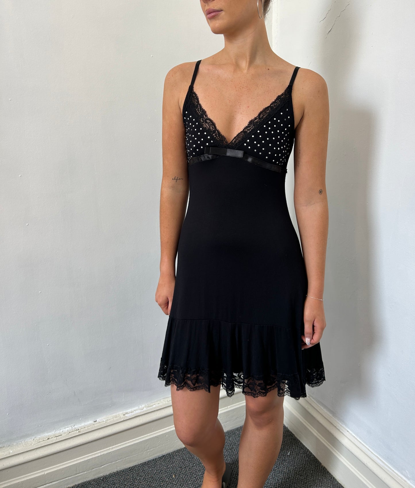 Black Sequin And Lace Mini Dress - Size Small