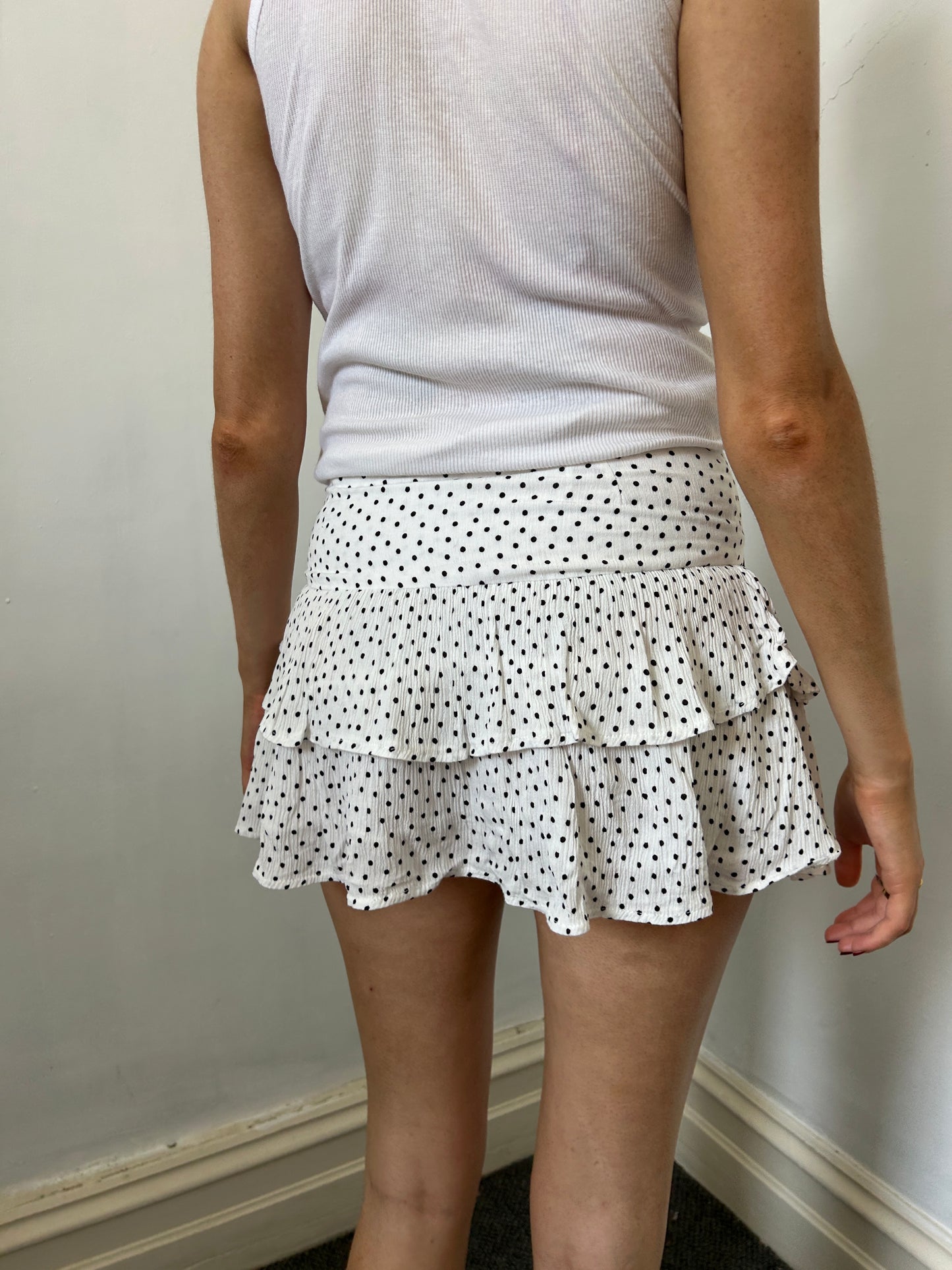 White Black Dots Mini Skirt - Size Medium