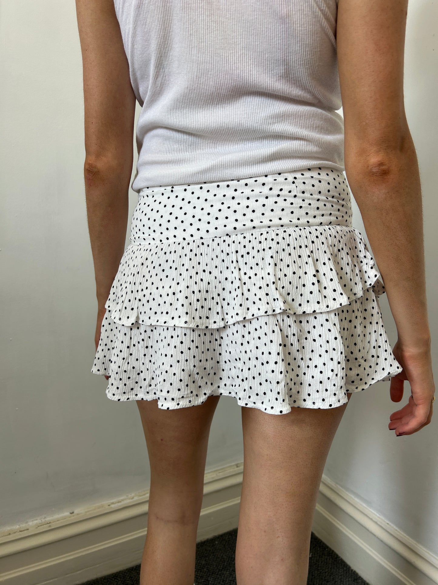 White Black Dots Mini Skirt - Size Medium