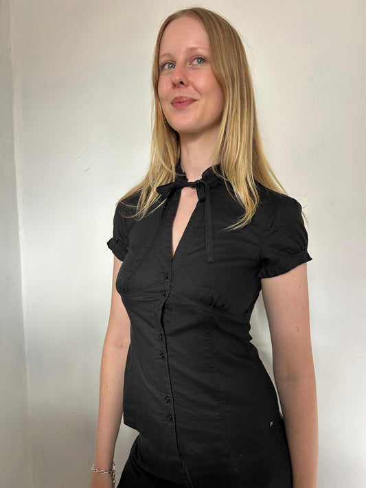 Black Button Up Shirt w Tie Detail- Size Extra-Small