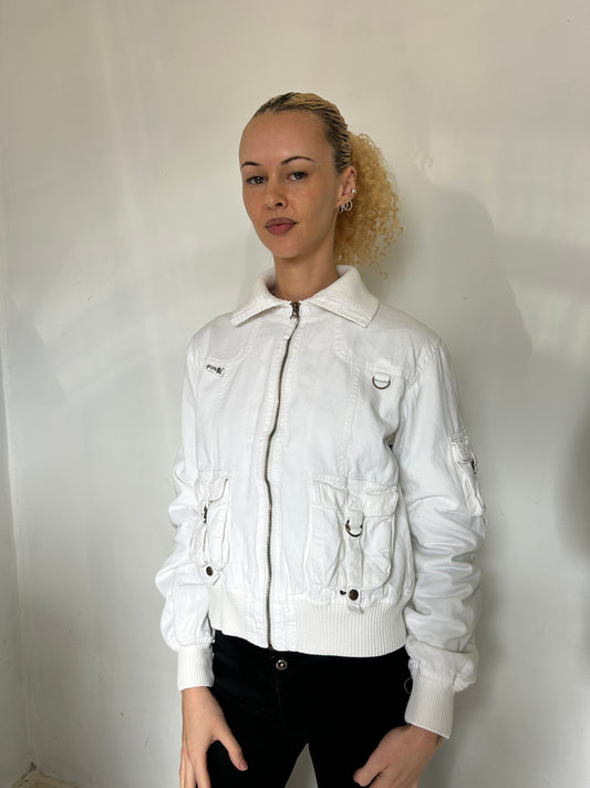 White Cargo Bomber Style Zip Up Jacket - Size Medium