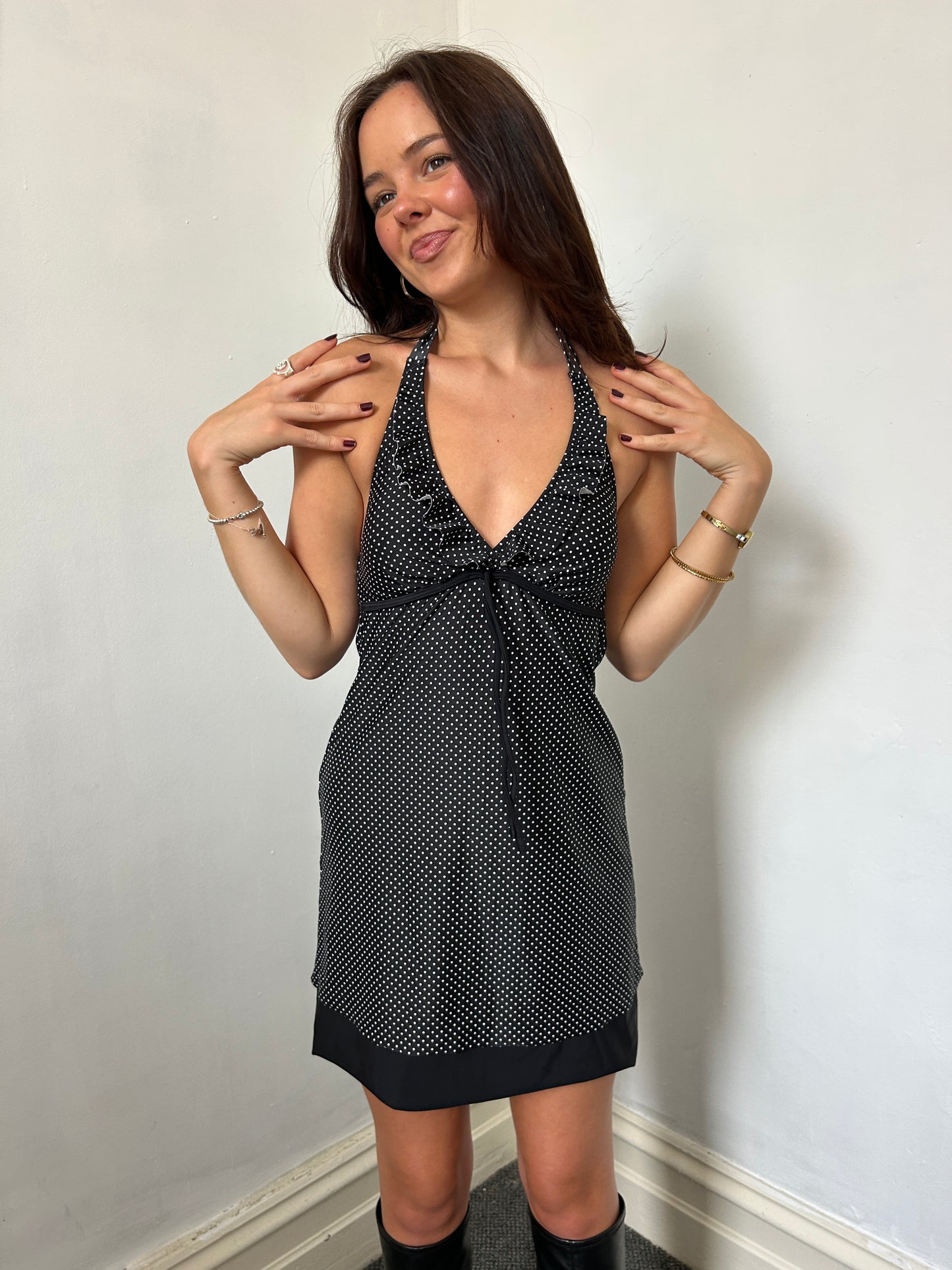 Black Polka Dot Halter Neck Dress - Size Small