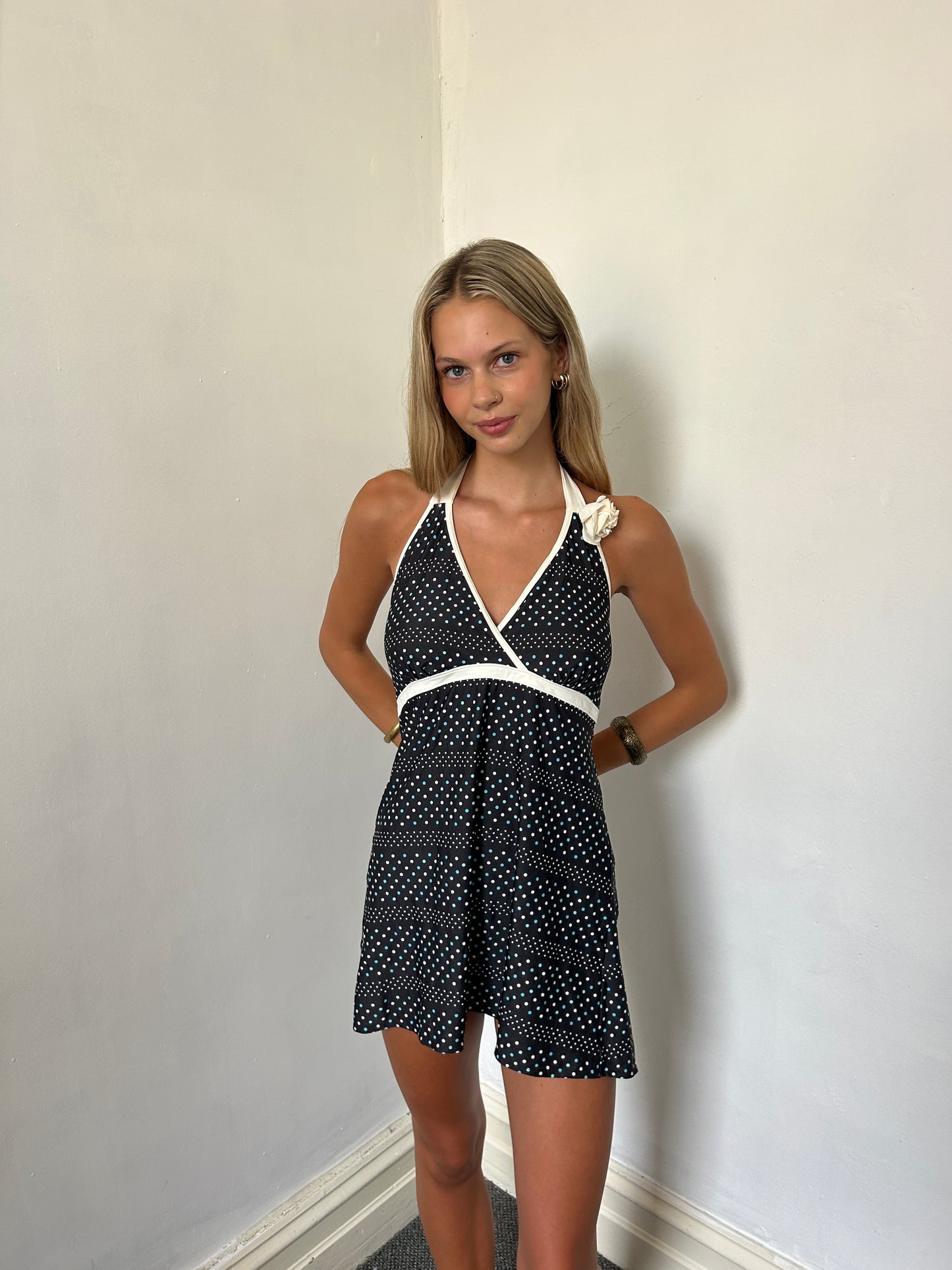 Black Blue White Polka Dot Halter Swim Dress - Size Medium