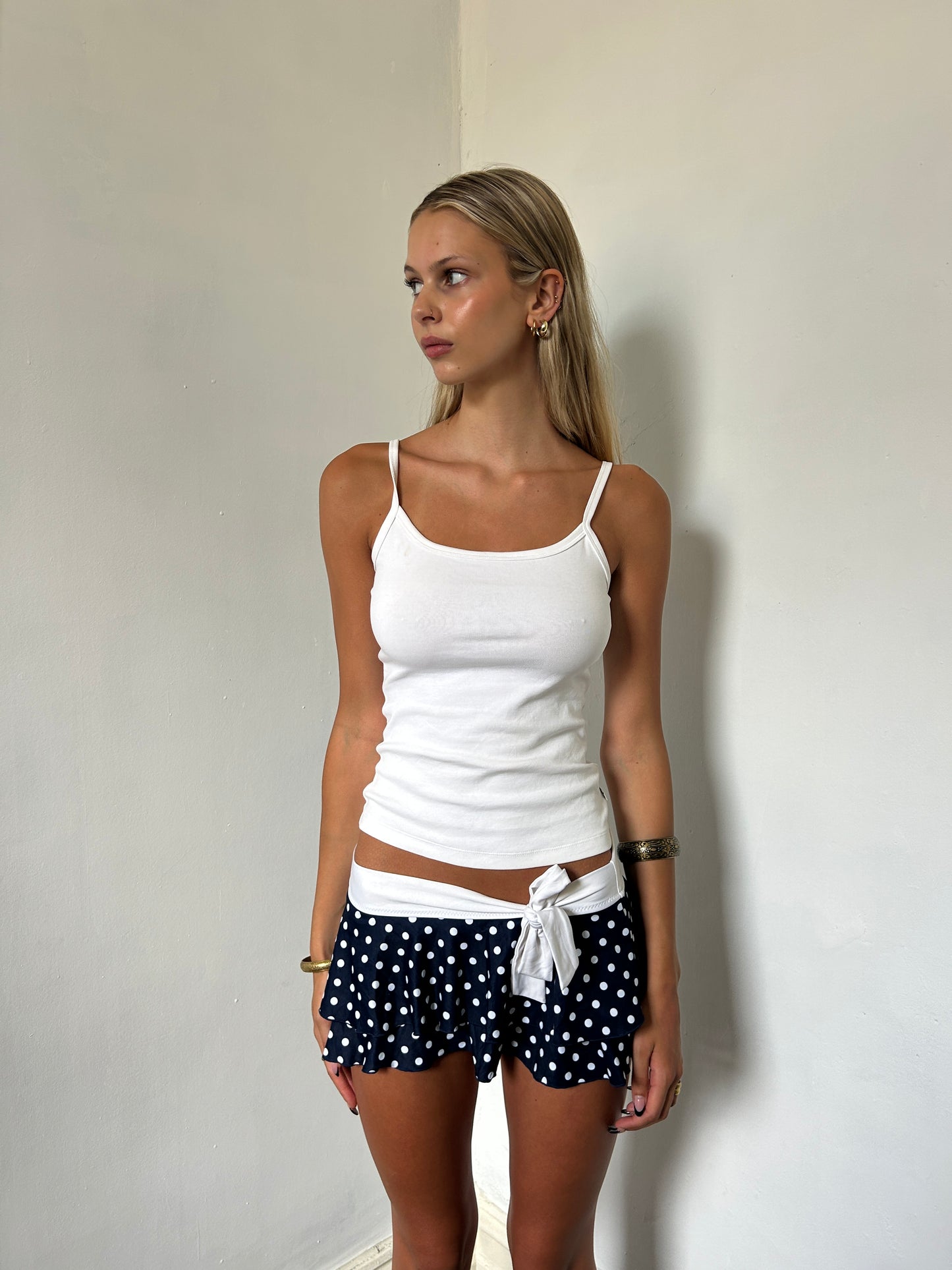 Navy Blue White Polka Dot Mini Swim Skirt - Size Small