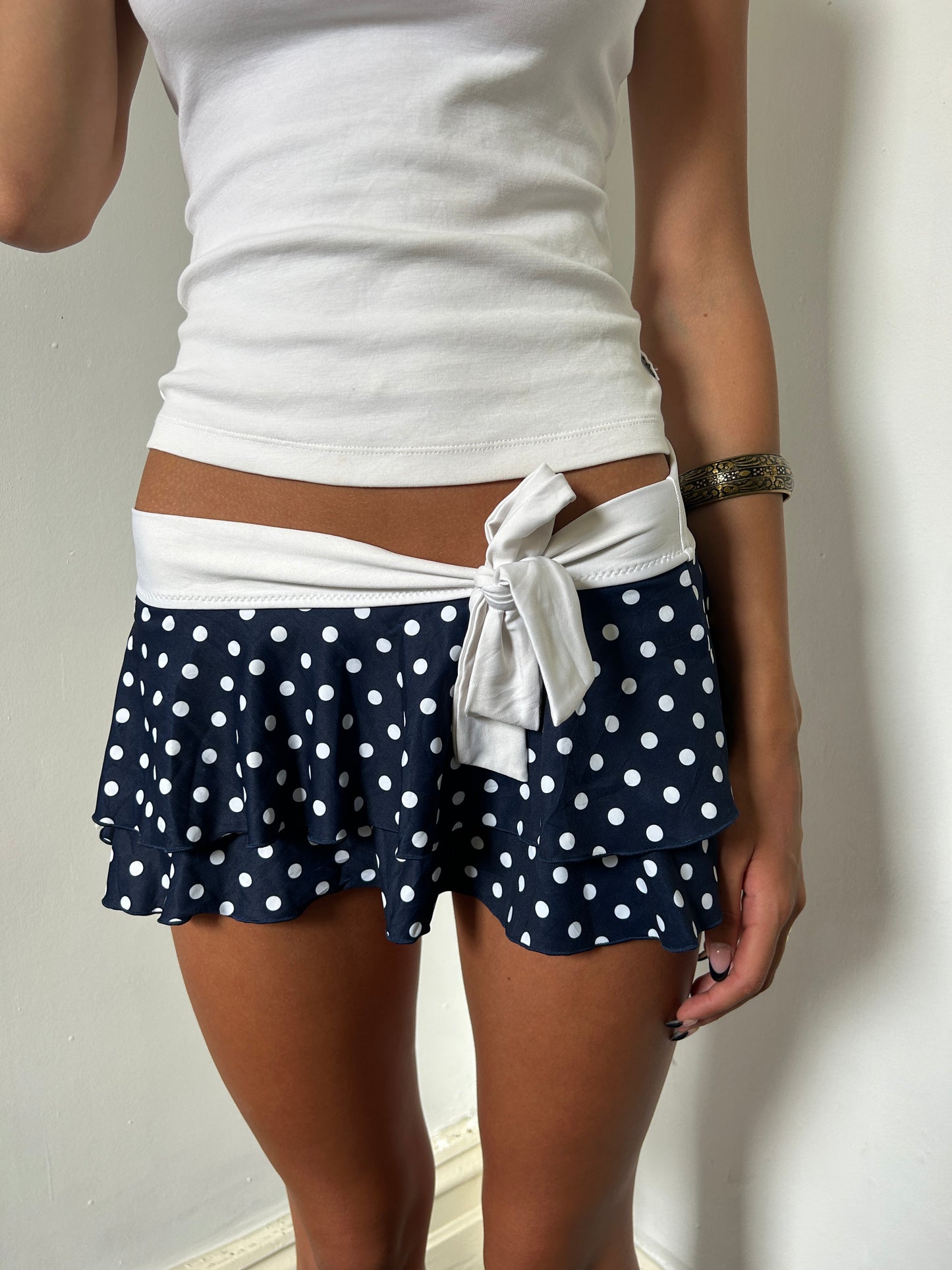 Navy Blue White Polka Dot Mini Swim Skirt - Size Small