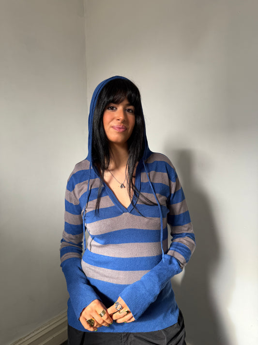 Blue Striped Hooded Top - Size Large