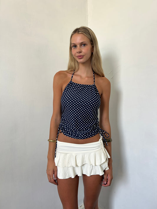 Blue White Polka Dot Halter Neck Top - Size Small