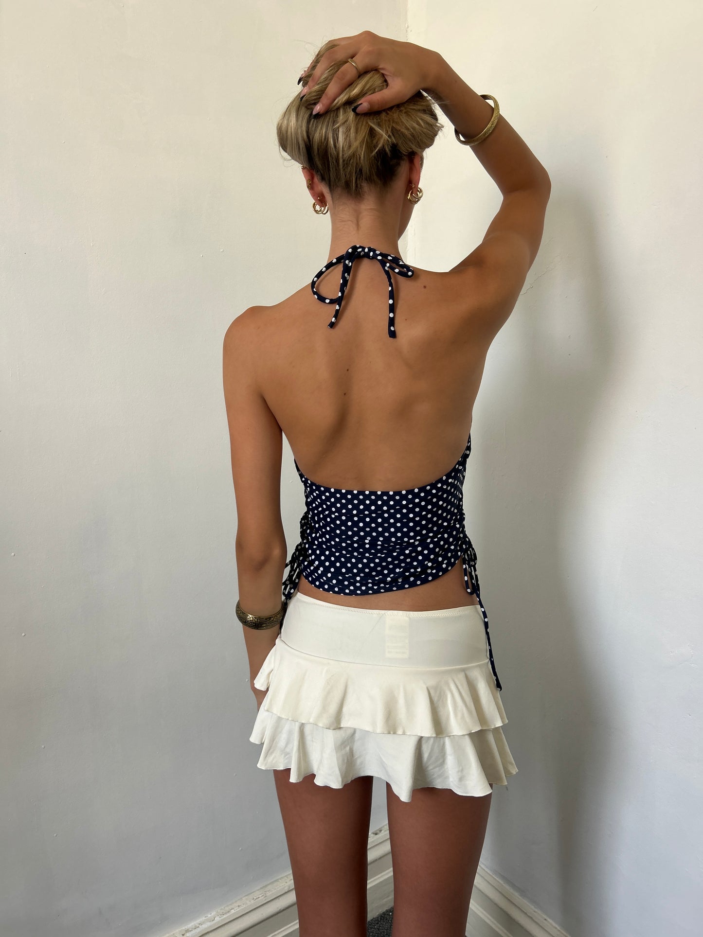 Blue White Polka Dot Halter Neck Top - Size Small