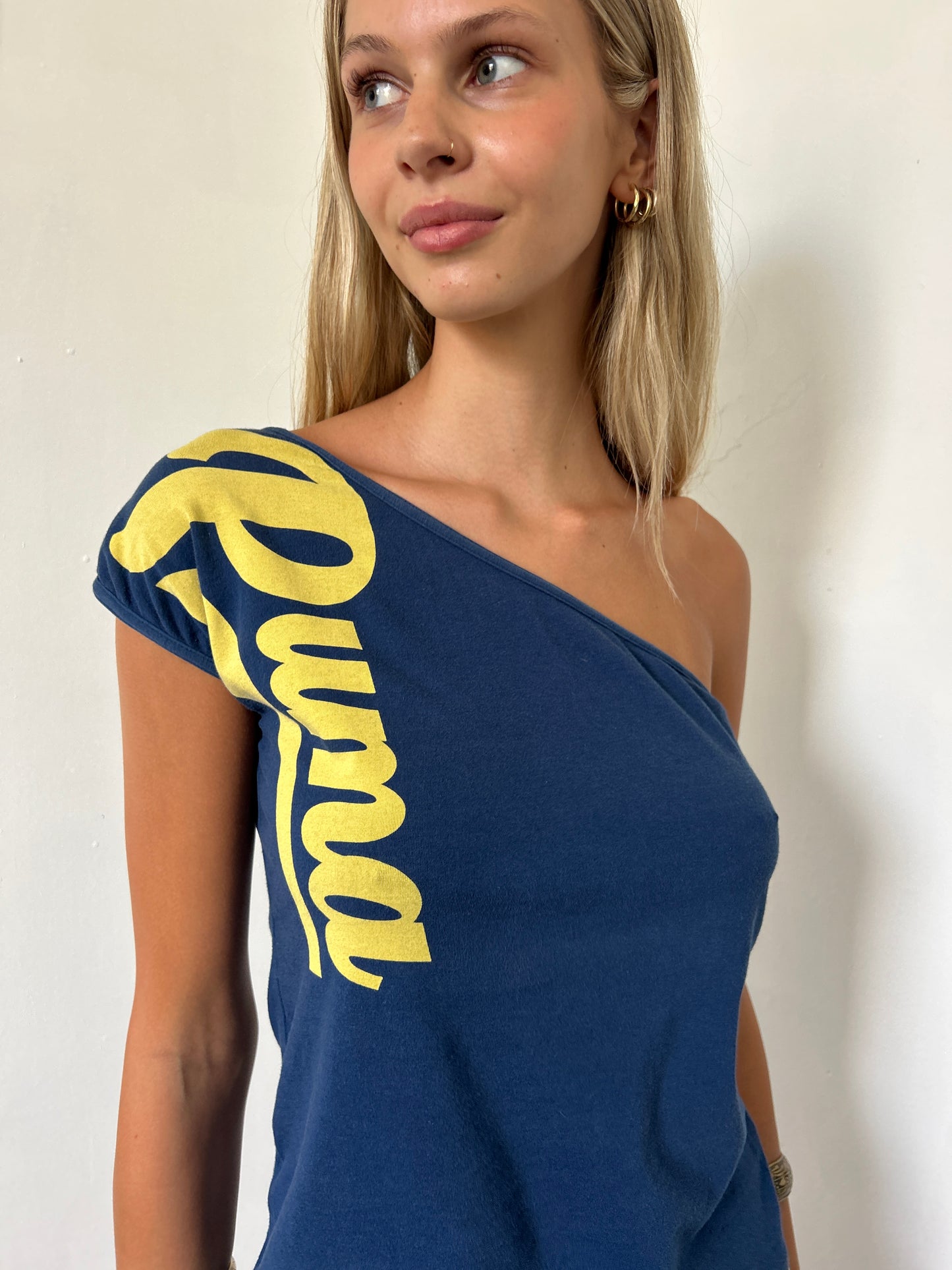 Blue Yellow Off Shoulder Puma Top - Size Large