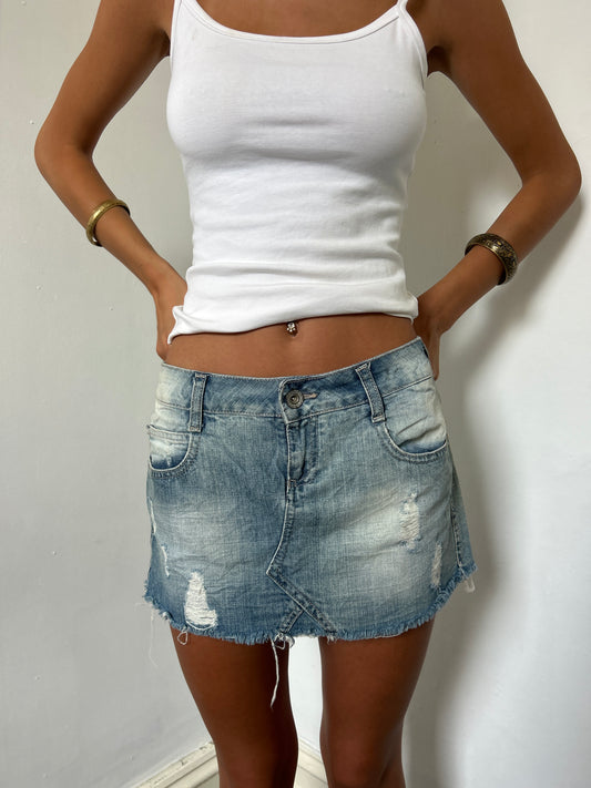 Denim Blue Mini Distressed Mini Skirt - Size Medium