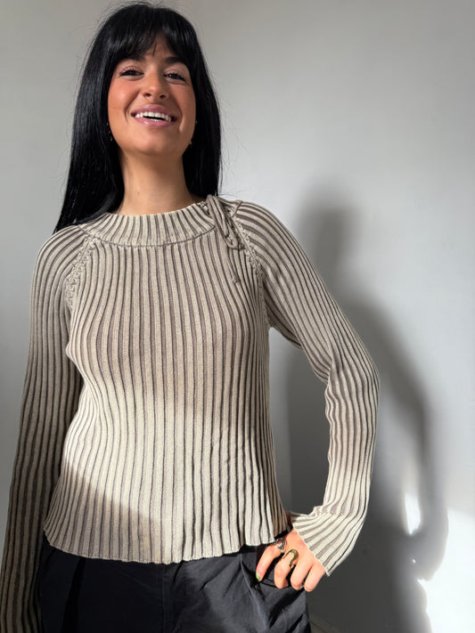 Beige Ribbed Knitted Jumper - Size Large