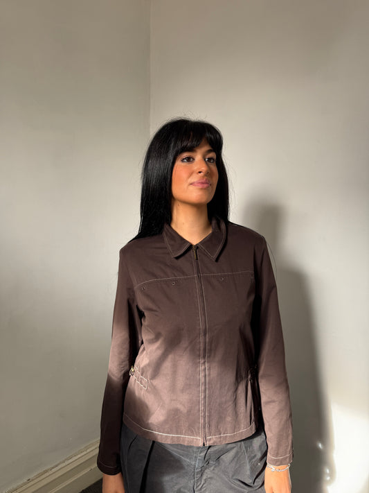 Brown Zip Up Jacket w Contrast Stitch - Size 12